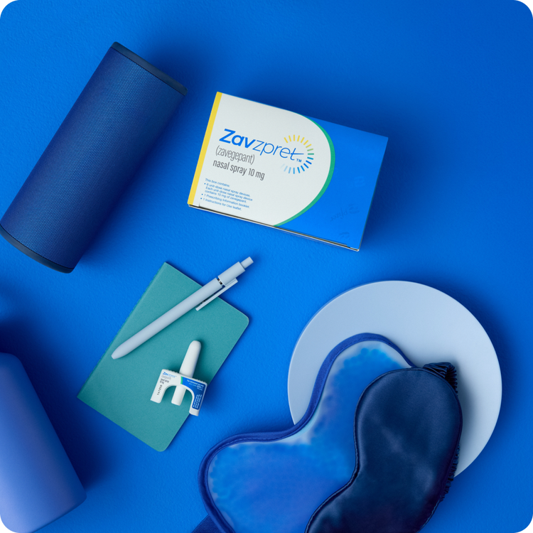 ZAVZPRET® (zavegepant) nasal spray packaging and device among miscellaneous items.